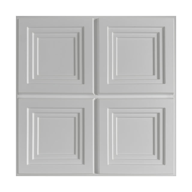 White PVC 3D wall panel, 50 x 50cm, with four stepped square frames in a grid, raised geometric detail, plain white background.