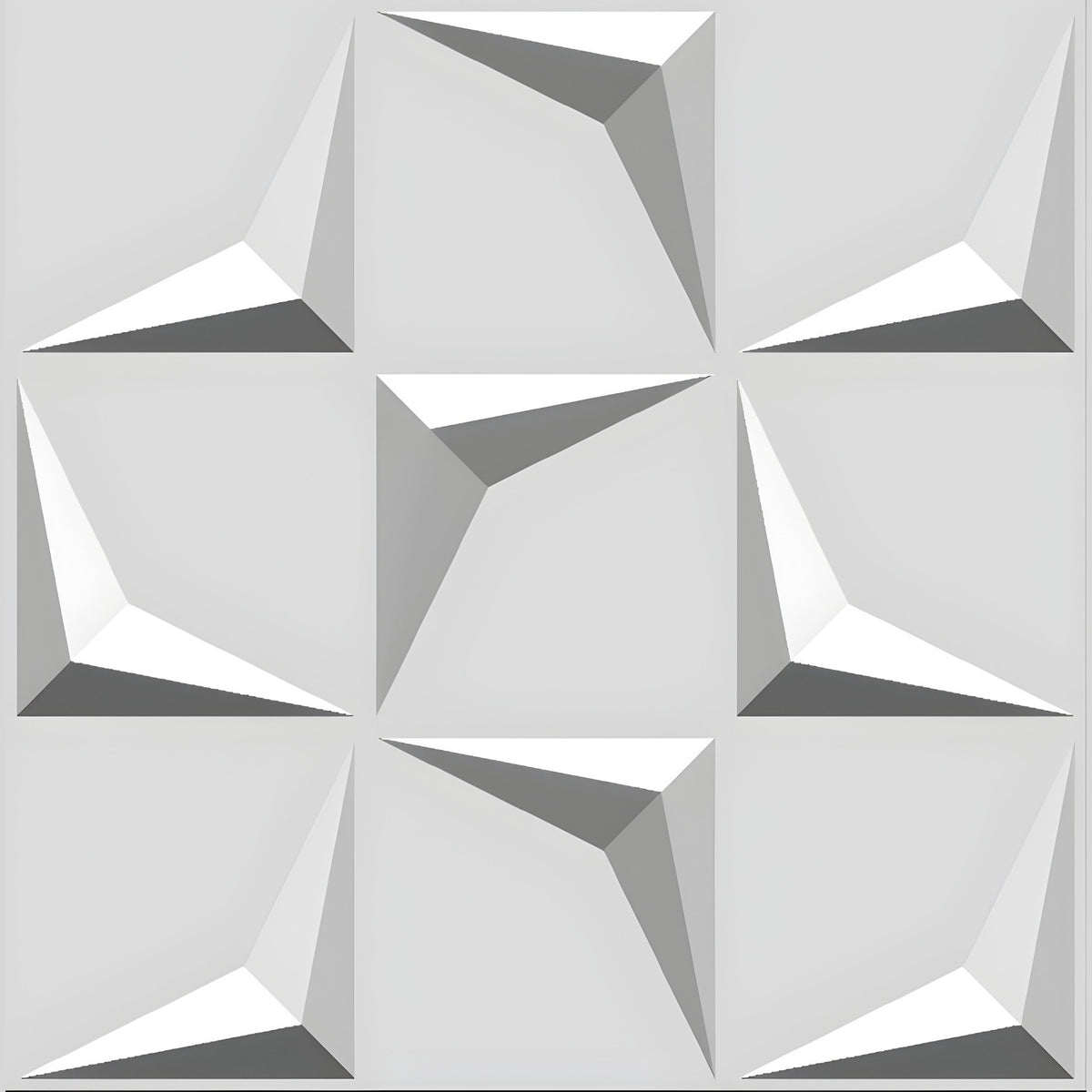 White PVC 3D wall panel, 50 x 50cm, with a grid of nine squares each showing a raised faceted arrowhead pointing into alternating corners, shown on a plain light background.