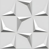 White PVC 3D wall panel, 50 x 50cm, with a grid of nine squares each showing a raised faceted arrowhead pointing into alternating corners, shown on a plain light background.
