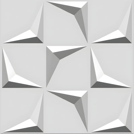 White PVC 3D wall panel, 50 x 50cm, with a grid of nine squares each showing a raised faceted arrowhead pointing into alternating corners, shown on a plain light background.
