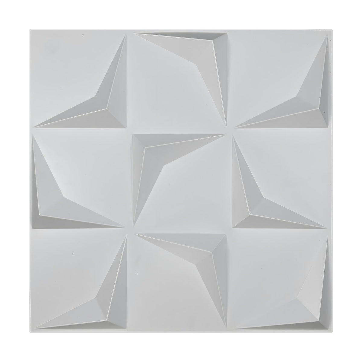 White PVC 3D wall panel, 50 x 50cm, with a 3x3 grid of faceted arrowhead shapes pointing into alternating corners, shown on a plain background.
