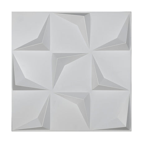 White PVC 3D wall panel, 50 x 50cm, with a 3x3 grid of faceted arrowhead shapes pointing into alternating corners, shown on a plain background.