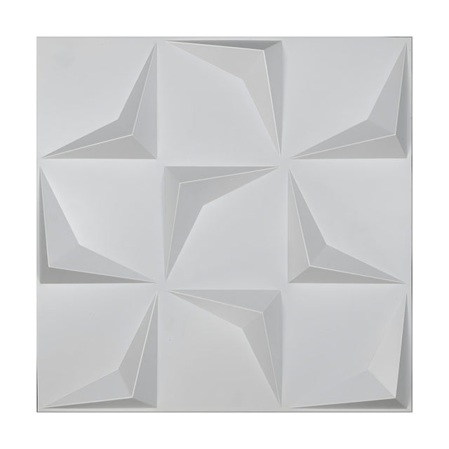 White PVC 3D wall panel, 50 x 50cm, with a 3x3 grid of faceted arrowhead shapes pointing into alternating corners, shown on a plain background.