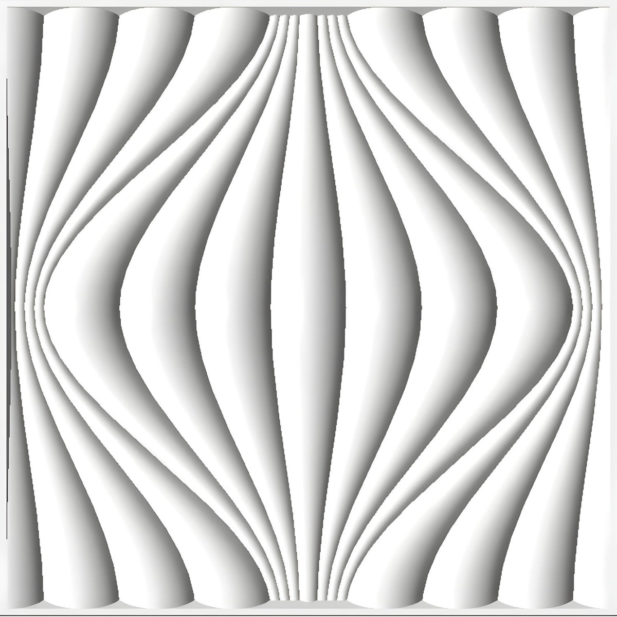 White PVC 3D wall panel, 50 x 50cm, with curved lantern-rib design forming wavy vertical ribs that swell outward at the centre, plain background.
