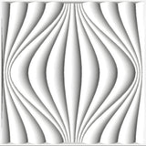 White PVC 3D wall panel, 50 x 50cm, with curved lantern-rib design forming wavy vertical ribs that swell outward at the centre, plain background.