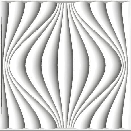 White PVC 3D wall panel, 50 x 50cm, with curved lantern-rib design forming wavy vertical ribs that swell outward at the centre, plain background.
