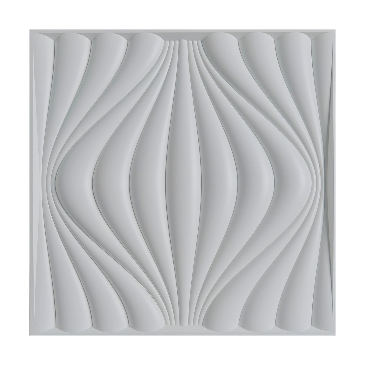 White 3D PVC wall panel, 50 x 50cm, with curved vertical ribs forming a central lantern shape that swells outward, shown on a plain background.