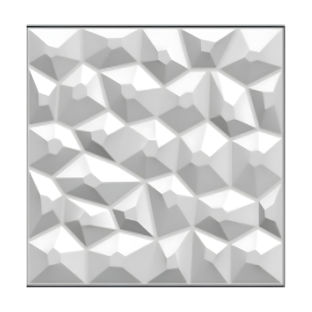 White PVC 3D wall panel, 50 x 50cm, with close-set faceted stone-effect polygonal cells forming raised pyramid shapes across a square tile, shown on a plain background.