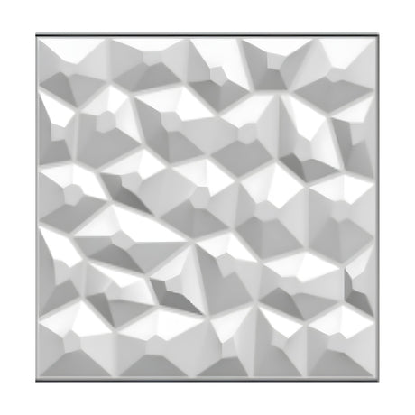 White PVC 3D wall panel, 50 x 50cm, with close-set faceted stone-effect polygonal cells forming raised pyramid shapes across a square tile, shown on a plain background.