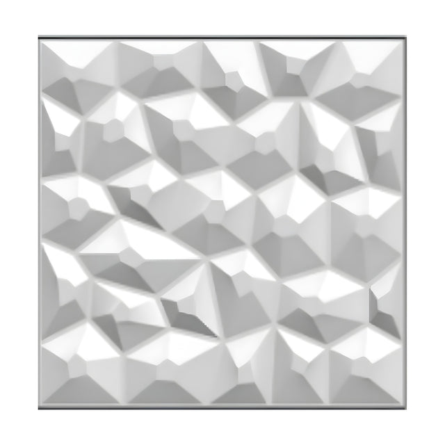 White PVC 3D wall panel, 50 x 50cm, with close-set faceted stone-effect polygonal cells forming raised pyramid shapes across a square tile, shown on a plain background.