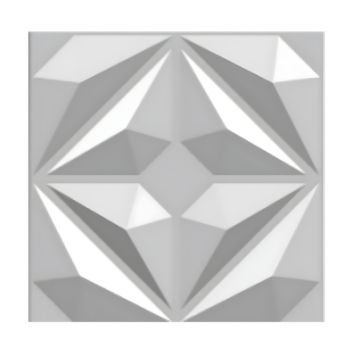 White PVC 3D wall panel, 50 x 50cm, featuring a faceted diamond star pattern with angled triangular facets meeting at a central flat diamond, shown on a plain background.