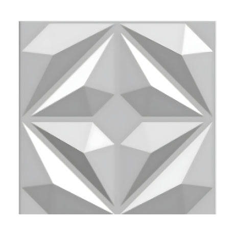 White PVC 3D wall panel, 50 x 50cm, featuring a faceted diamond star pattern with angled triangular facets meeting at a central flat diamond, shown on a plain background.
