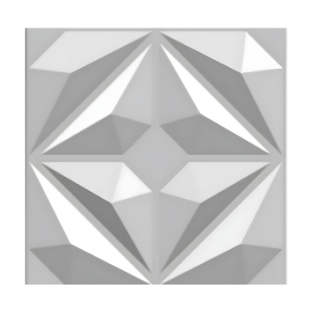 White PVC 3D wall panel, 50 x 50cm, featuring a faceted diamond star pattern with angled triangular facets meeting at a central flat diamond, shown on a plain background.