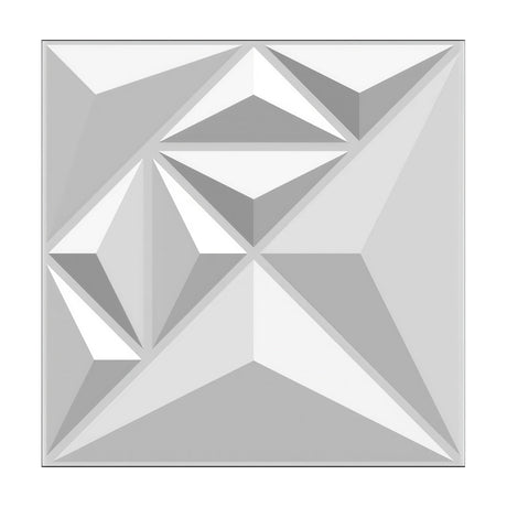 White PVC 3D wall panel, 50 x 50cm, with raised faceted triangular pyramids in mixed sizes forming a geometric pattern, shown on a plain background.