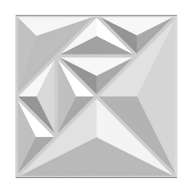 White PVC 3D wall panel, 50 x 50cm, with raised faceted triangular pyramids in mixed sizes forming a geometric pattern, shown on a plain background.