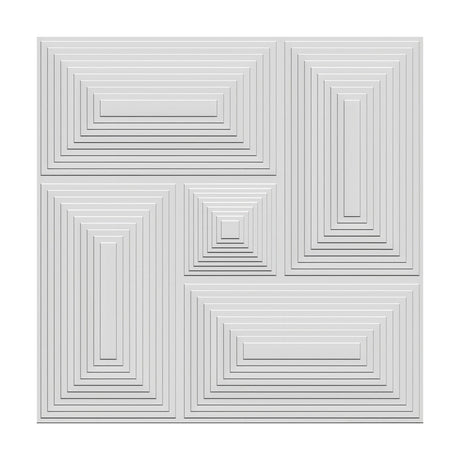 White PVC 3D wall panel, 50 x 50cm, with four concentric stepped rectangle blocks arranged pinwheel-style around a smaller central square, on a plain background.