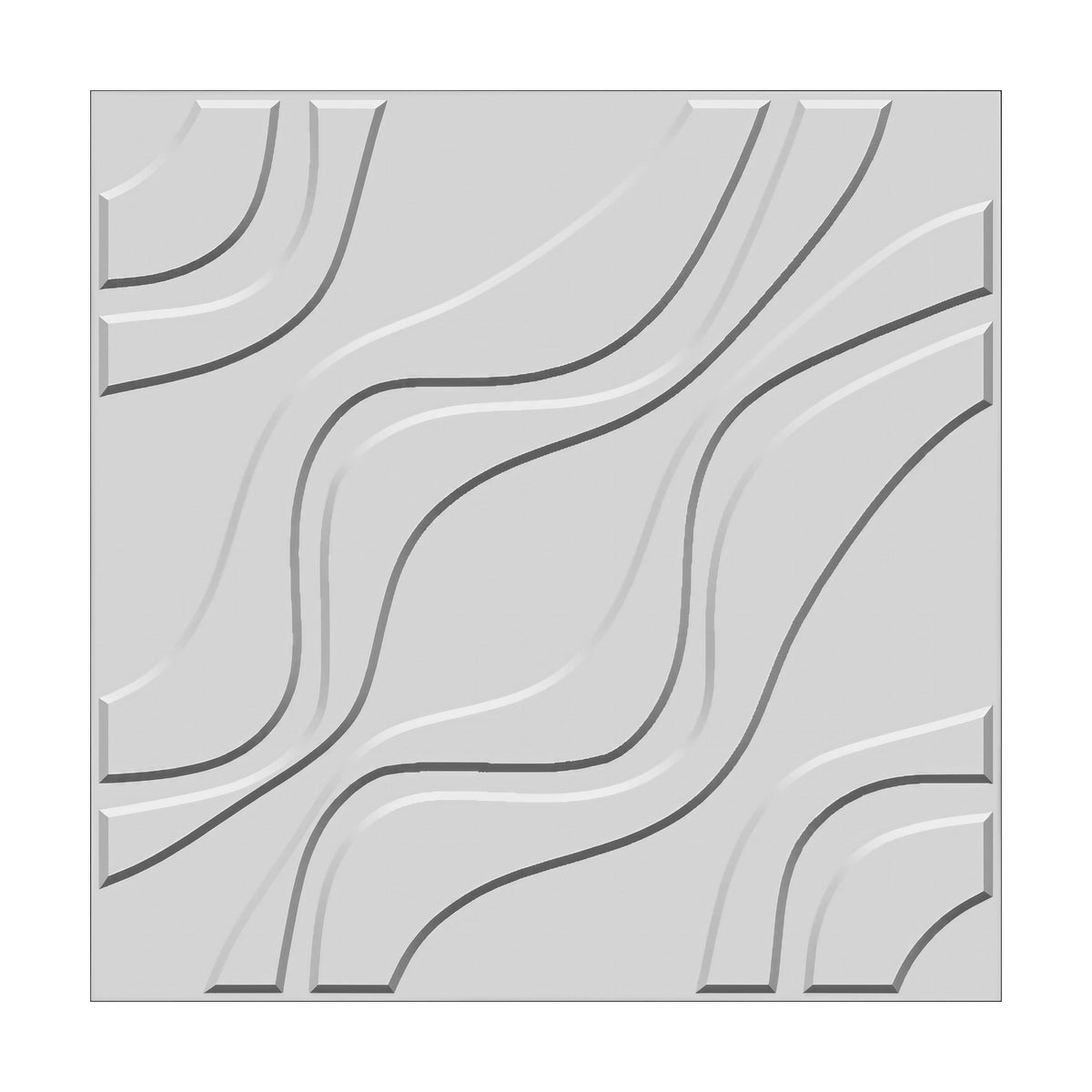 White square 3D PVC wall panel, 50 x 50cm, featuring raised diagonal wavy S-shaped lines with concentric corner arcs on a plain background.