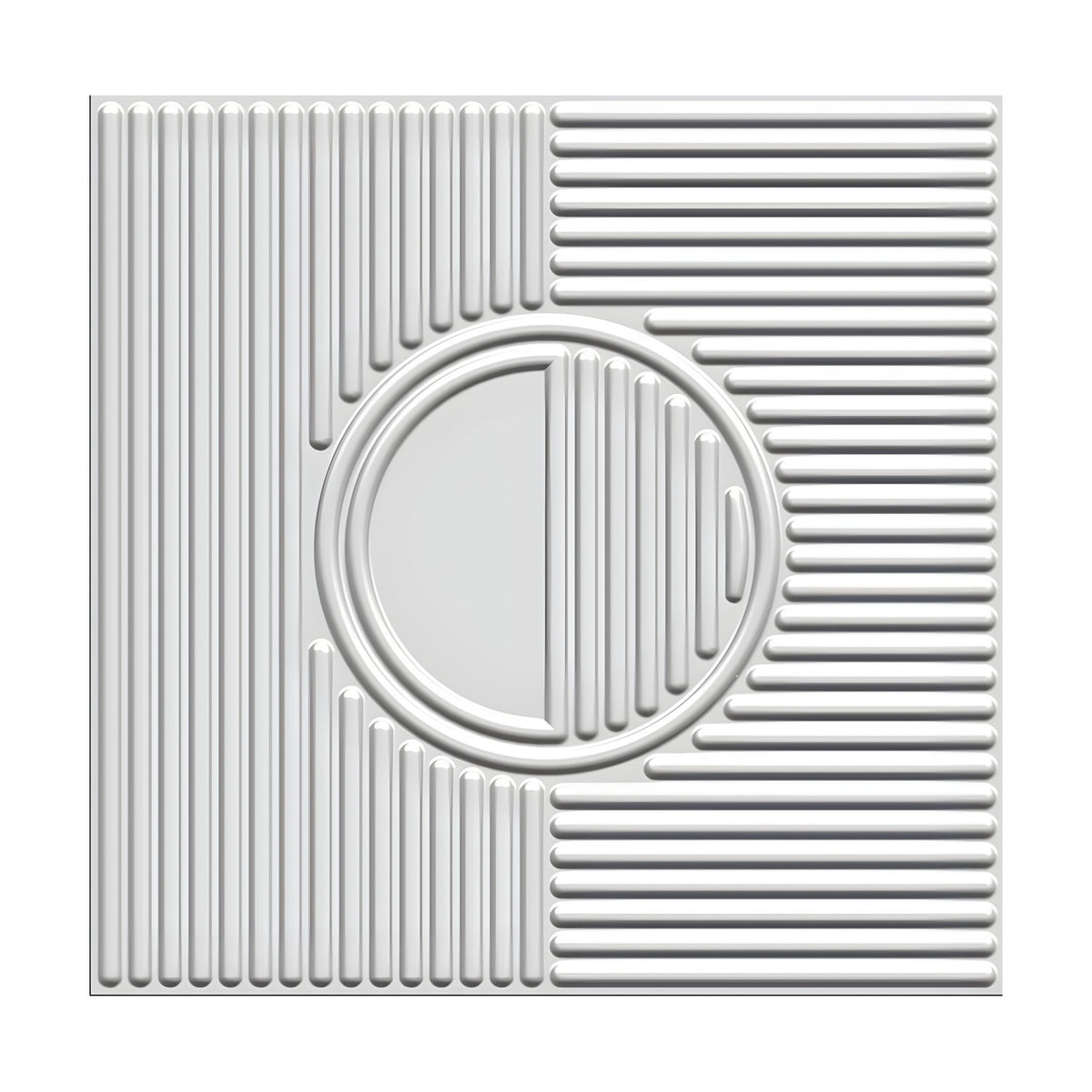 White 3D PVC wall panel, 50 x 50cm, with a central raised ring framing a half-disc and short ribs, surrounded by vertical and horizontal ribbed sections on a plain background.