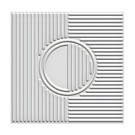 White 3D PVC wall panel, 50 x 50cm, with a central raised ring framing a half-disc and short ribs, surrounded by vertical and horizontal ribbed sections on a plain background.