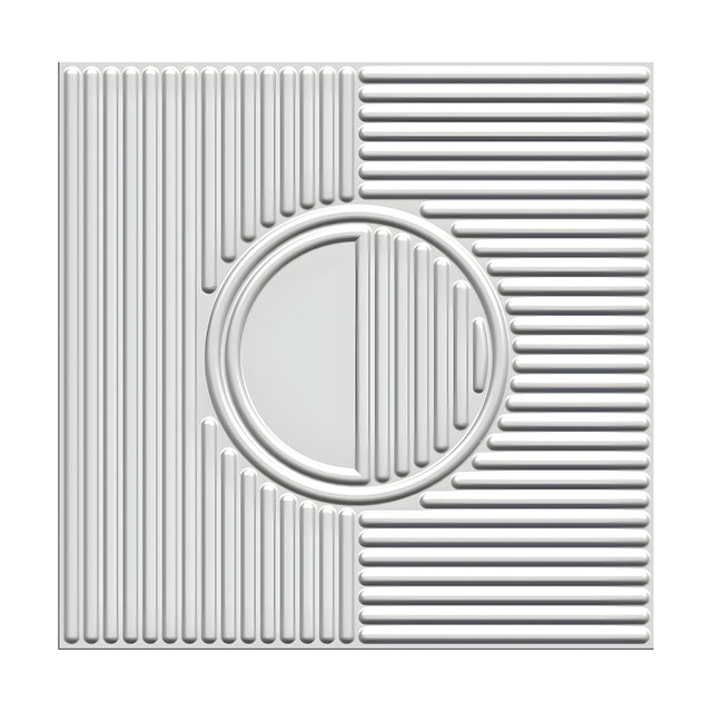 White 3D PVC wall panel, 50 x 50cm, with a central raised ring framing a half-disc and short ribs, surrounded by vertical and horizontal ribbed sections on a plain background.