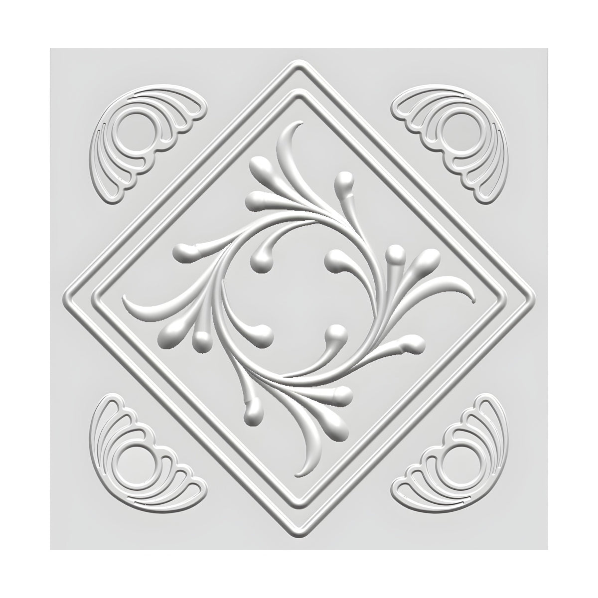 White 3D PVC wall panel, 50 x 50cm, with a raised diamond outline framing a floral scroll motif and matching corner swirl details, shown on a plain background.
