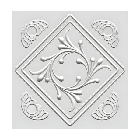 White 3D PVC wall panel, 50 x 50cm, with a raised diamond outline framing a floral scroll motif and matching corner swirl details, shown on a plain background.