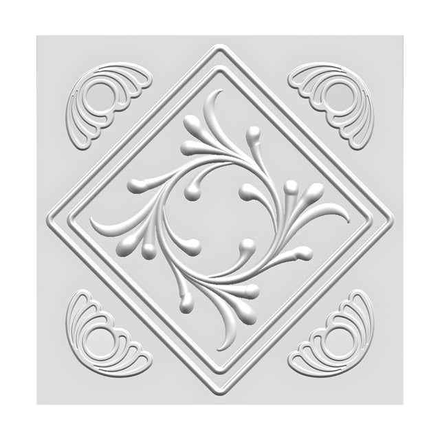 White 3D PVC wall panel, 50 x 50cm, with a raised diamond outline framing a floral scroll motif and matching corner swirl details, shown on a plain background.
