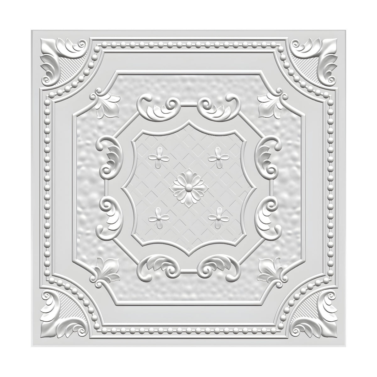 White PVC 3D wall panel, 50 x 50cm square, featuring a beaded border, corner acanthus scroll fans, and a central medallion with hammered texture and leaf sprays on a plain background.