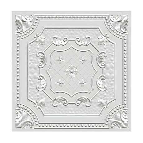 White PVC 3D wall panel, 50 x 50cm square, featuring a beaded border, corner acanthus scroll fans, and a central medallion with hammered texture and leaf sprays on a plain background.