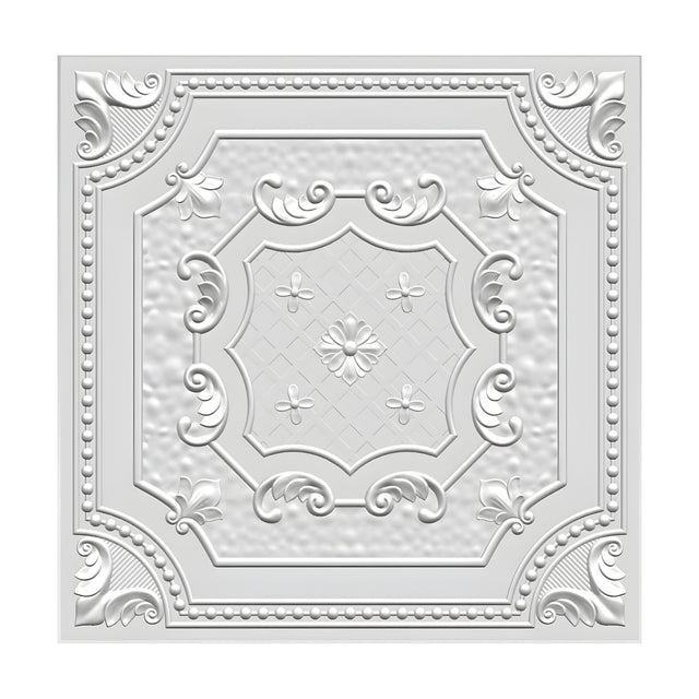 White PVC 3D wall panel, 50 x 50cm square, featuring a beaded border, corner acanthus scroll fans, and a central medallion with hammered texture and leaf sprays on a plain background.