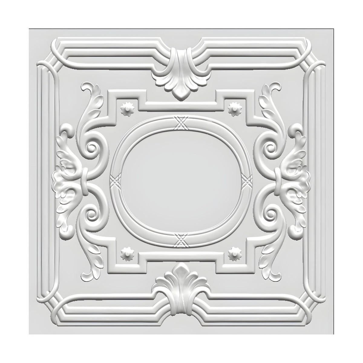 White PVC 3D wall panel, 50 x 50cm, featuring a central oval medallion with crossed ties, corner rosettes, acanthus leaf scrolls and fan palmettes, shown on a plain background.