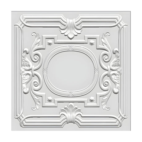 White PVC 3D wall panel, 50 x 50cm, featuring a central oval medallion with crossed ties, corner rosettes, acanthus leaf scrolls and fan palmettes, shown on a plain background.