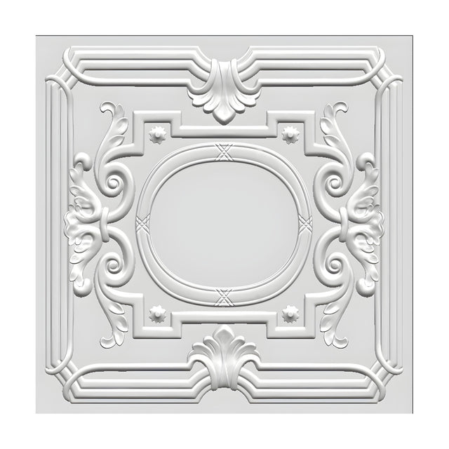 White PVC 3D wall panel, 50 x 50cm, featuring a central oval medallion with crossed ties, corner rosettes, acanthus leaf scrolls and fan palmettes, shown on a plain background.