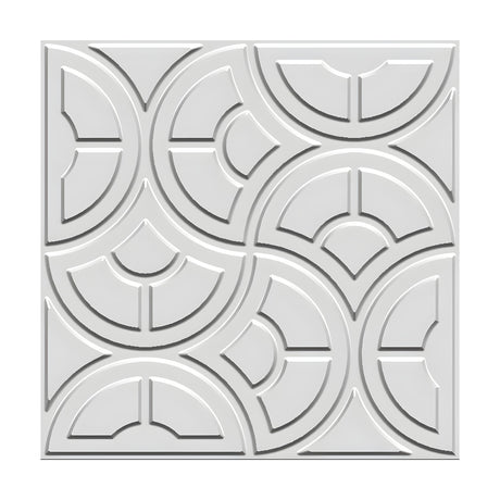 White 3D PVC wall panel, 50 x 50cm, with alternating semicircle fan motifs forming a geometric basketweave pattern, shown on a plain background.