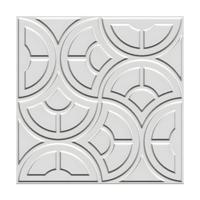White 3D PVC wall panel, 50 x 50cm, with alternating semicircle fan motifs forming a geometric basketweave pattern, shown on a plain background.