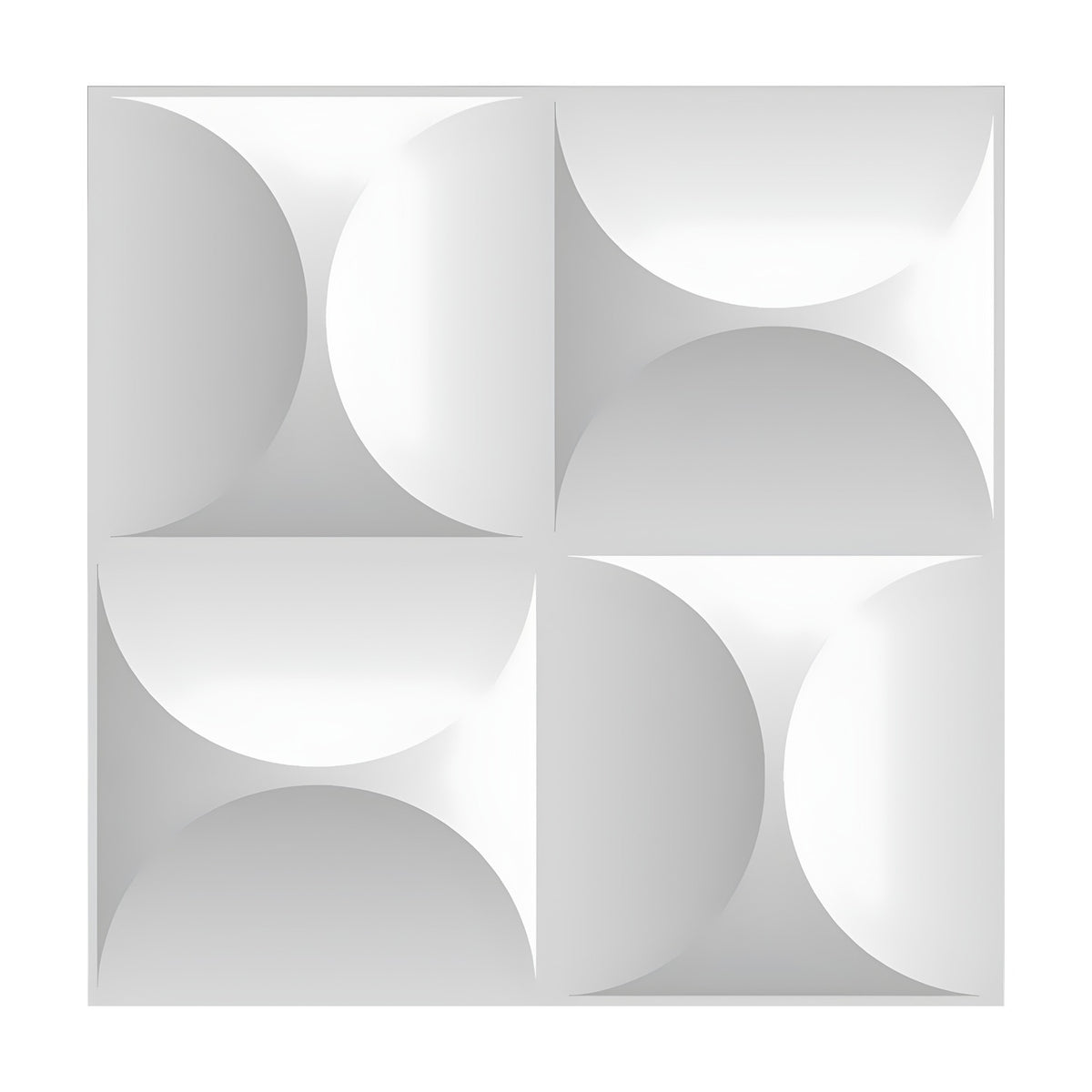 White 3D PVC wall panel, 50 x 50cm, with four square cells each showing a pair of large semicircles forming an alternating hourglass-shaped pattern, on a plain background.