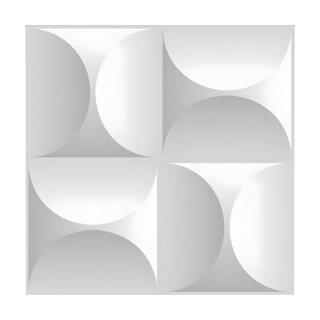 White 3D PVC wall panel, 50 x 50cm, with four square cells each showing a pair of large semicircles forming an alternating hourglass-shaped pattern, on a plain background.