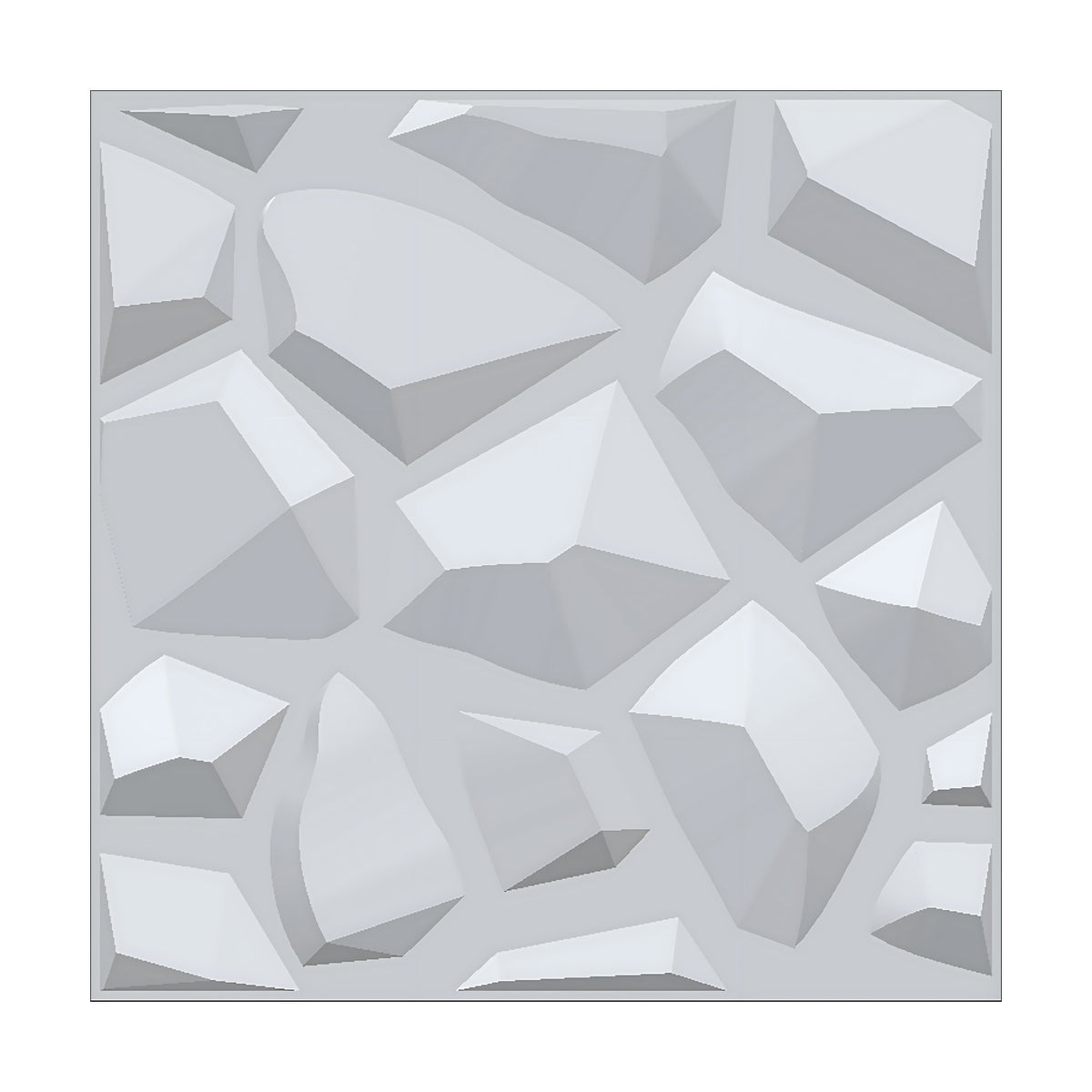White 3D PVC wall panel, 50 x 50cm, with irregular crazy-paving faceted stone design in angled facets, shown on a plain light grey background.