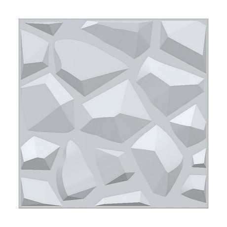 White 3D PVC wall panel, 50 x 50cm, with irregular crazy-paving faceted stone design in angled facets, shown on a plain light grey background.
