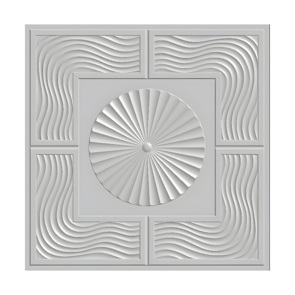 White 3D PVC wall panel, 50 x 50cm, featuring a raised square frame with a central pleated sunburst disc, bordered by wavy rib patterns in each corner, on a plain background.