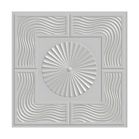 White 3D PVC wall panel, 50 x 50cm, featuring a raised square frame with a central pleated sunburst disc, bordered by wavy rib patterns in each corner, on a plain background.