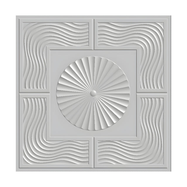 White 3D PVC wall panel, 50 x 50cm, featuring a raised square frame with a central pleated sunburst disc, bordered by wavy rib patterns in each corner, on a plain background.