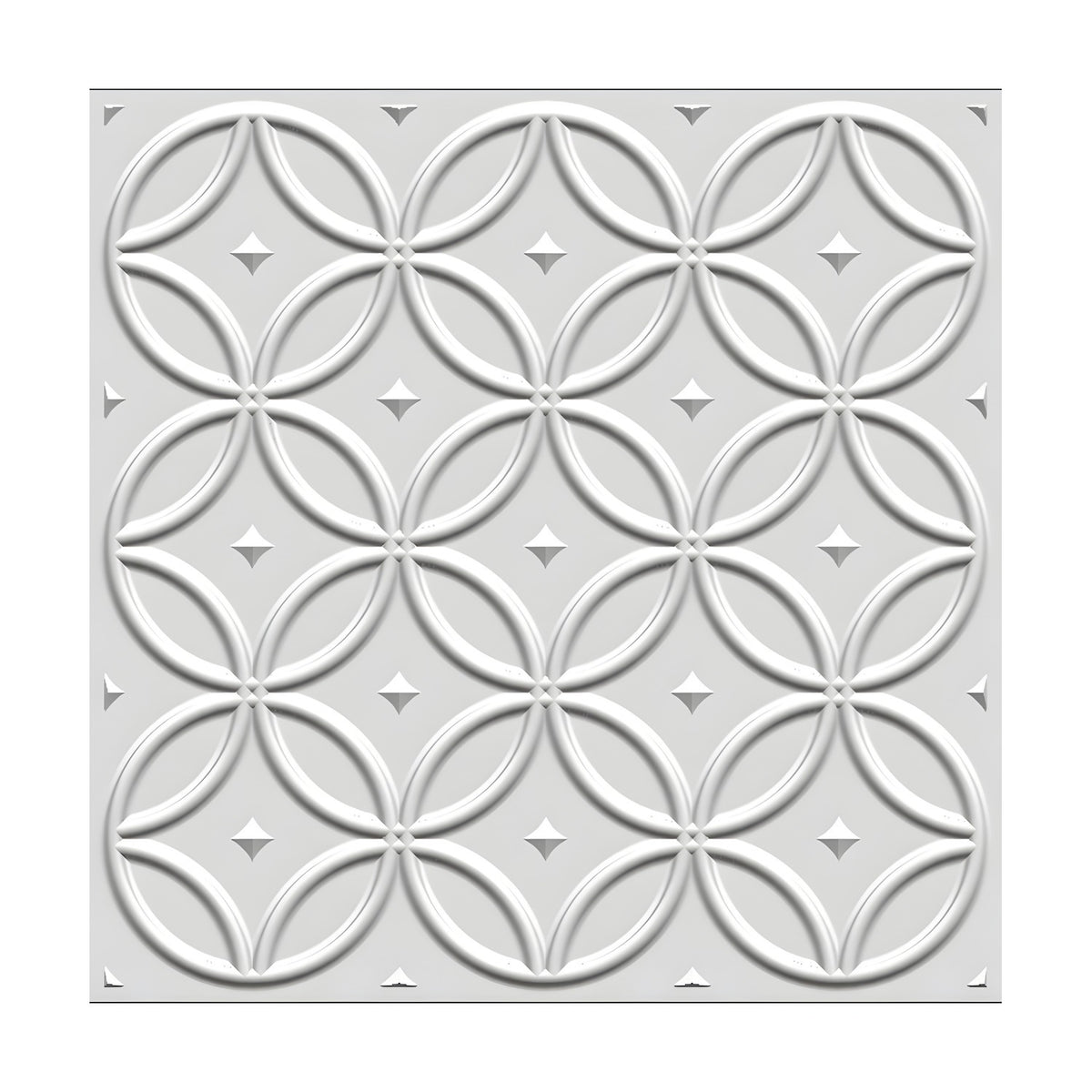 White PVC 3D wall panel, 50 x 50cm, featuring an interlocking circles lattice with raised ribs, petal shapes, and pyramid star studs on a plain background.
