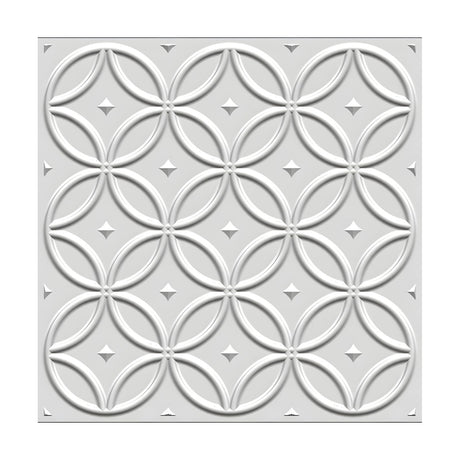 White PVC 3D wall panel, 50 x 50cm, featuring an interlocking circles lattice with raised ribs, petal shapes, and pyramid star studs on a plain background.