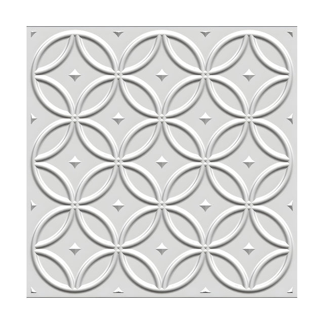 White PVC 3D wall panel, 50 x 50cm, featuring an interlocking circles lattice with raised ribs, petal shapes, and pyramid star studs on a plain background.