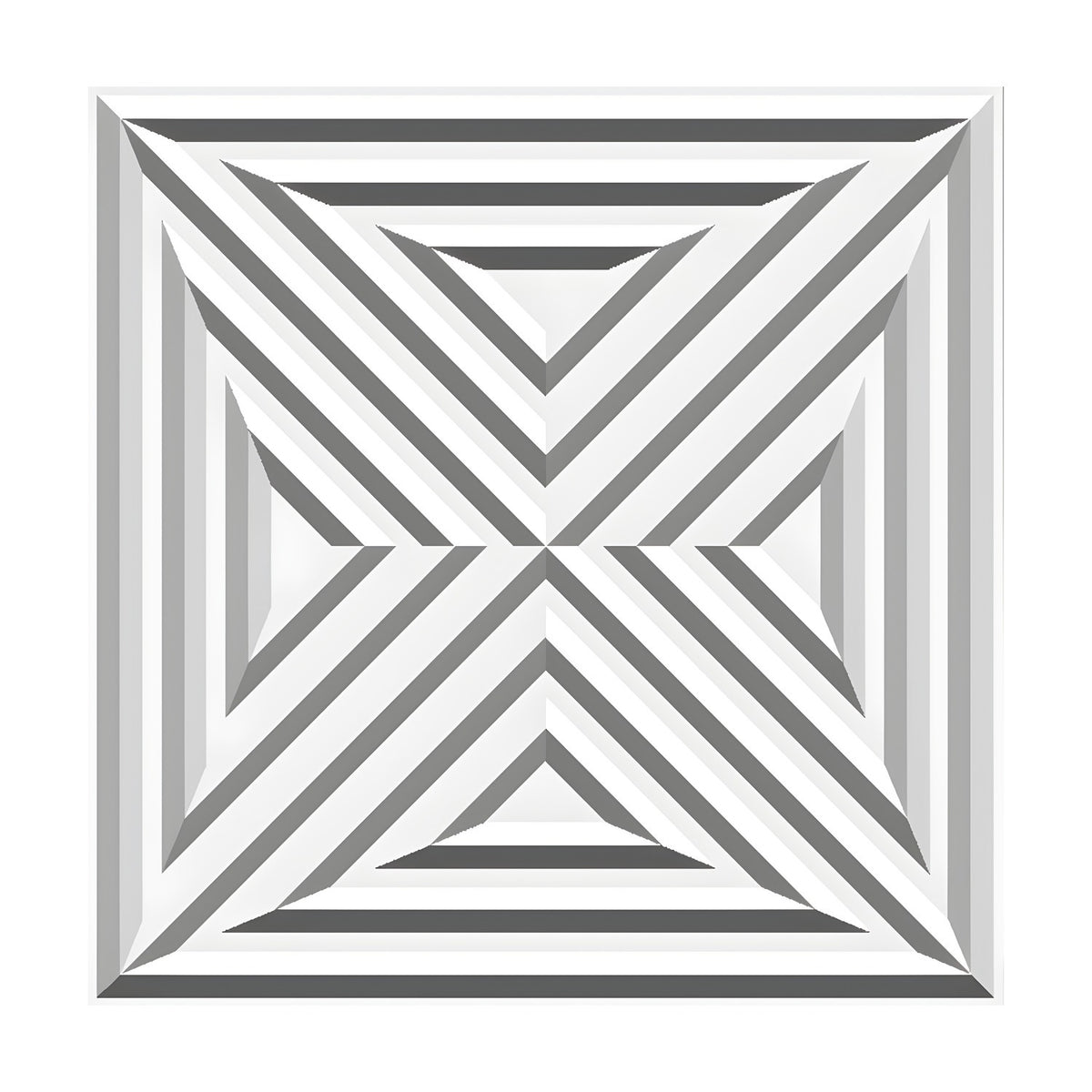 White PVC 3D wall panel, 50 x 50cm, with nested stepped triangles forming a bold X pattern of diagonal ribs, shown on a plain white background.