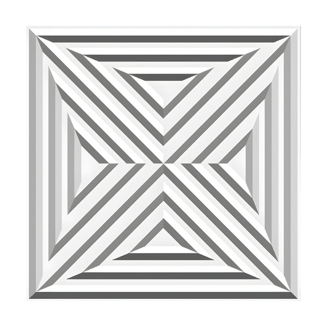 White PVC 3D wall panel, 50 x 50cm, with nested stepped triangles forming a bold X pattern of diagonal ribs, shown on a plain white background.