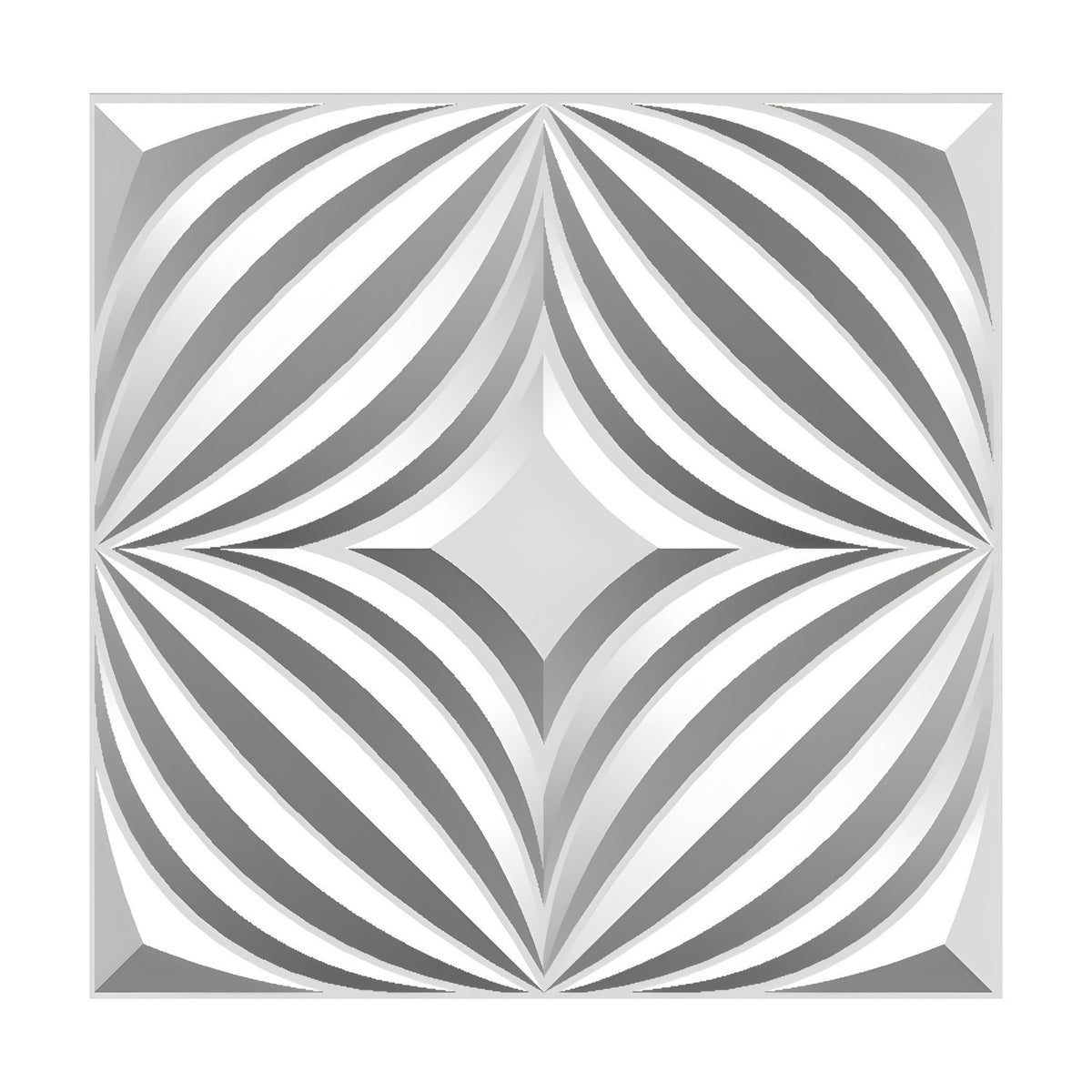 White PVC 3D wall panel, 50 x 50cm, with a Curved Rib Star geometric pattern of tapering ribs radiating toward a central four-pointed star, shown on a plain background.