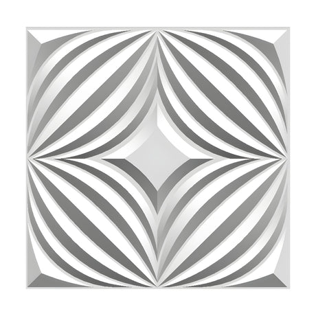 White PVC 3D wall panel, 50 x 50cm, with a Curved Rib Star geometric pattern of tapering ribs radiating toward a central four-pointed star, shown on a plain background.