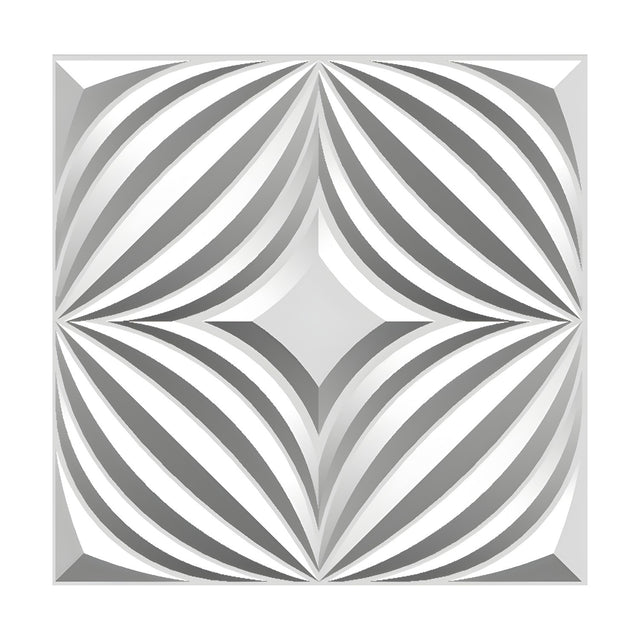 White PVC 3D wall panel, 50 x 50cm, with a Curved Rib Star geometric pattern of tapering ribs radiating toward a central four-pointed star, shown on a plain background.